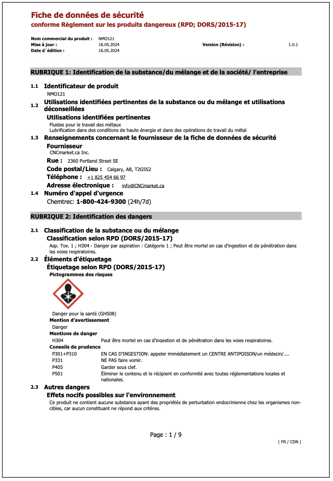 NMO121 Fiche de Données de Sécurité
