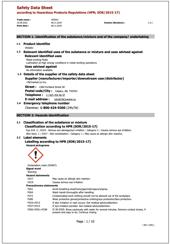 VEG001 Safety Data Sheet English
