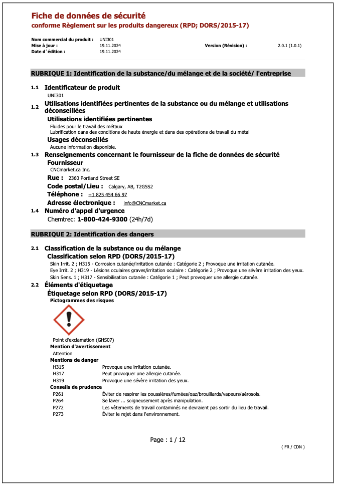 UNI301 Fiche de Données de Sécurité
