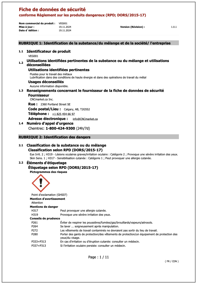 VEG001 Fiche de Données de Sécurité