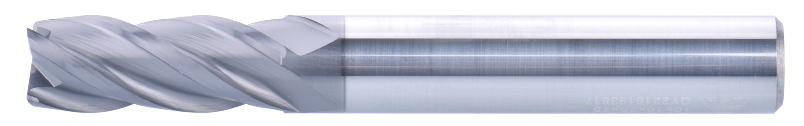 10 mm Carbide End Mill, 4 Flutes, Flat, Long cutting edge, For P, M, K materials, AlCrN coated, Helix angle 35 degree / 38 degree, LOC 30 mm