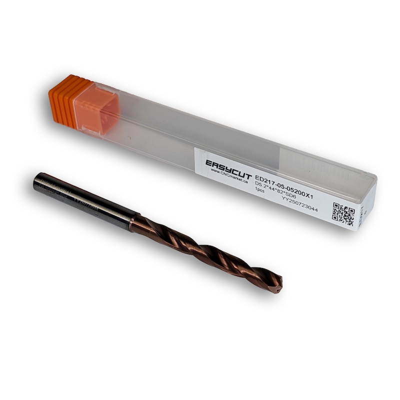 1/4-20 UNC Tap Drill, 2 flutes, Carbide Drill, 5xD, Through Tool Coolant - 140°, 1.38" LOC, Coated, 6mm Shank