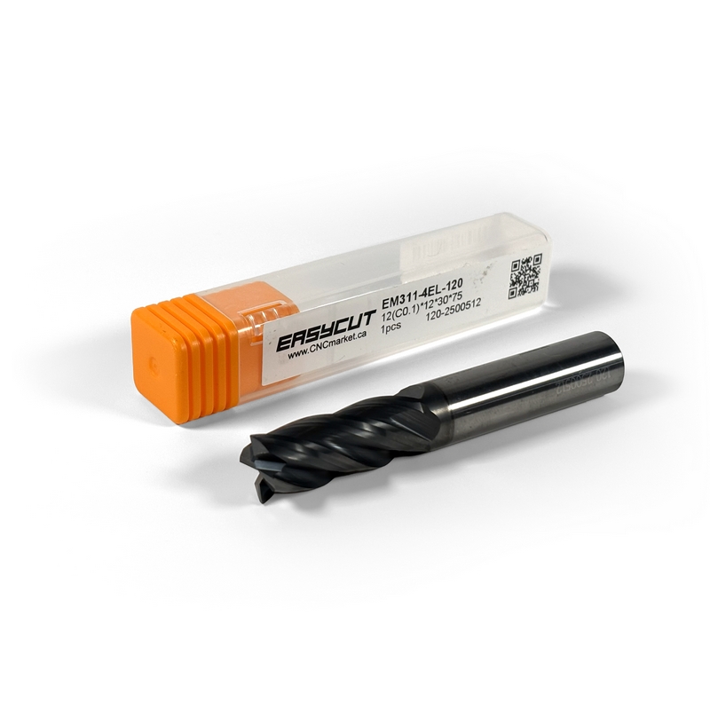 12 mm Carbide End Mill, 4 Flutes, 0.1 mm Corner Chamfer, Standard length, For P, M, K materials, AlCrN coated, LOC 30 mm