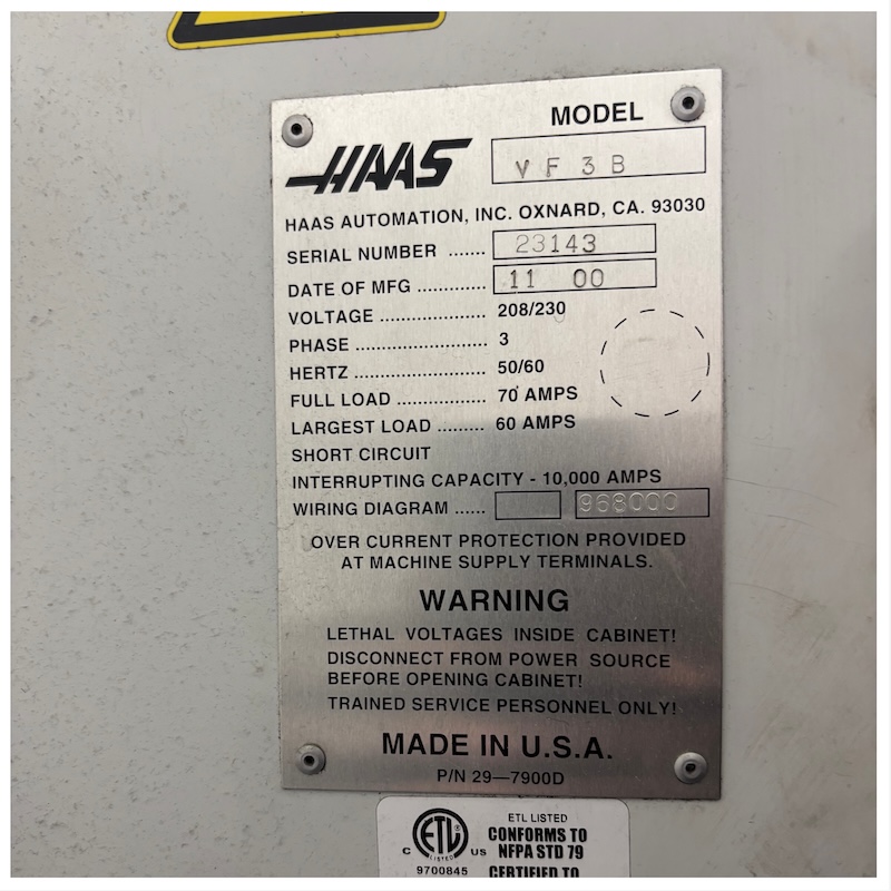 HAAS VF-3B, CNC Vertical Machining Center, late 2000, S/N 23143