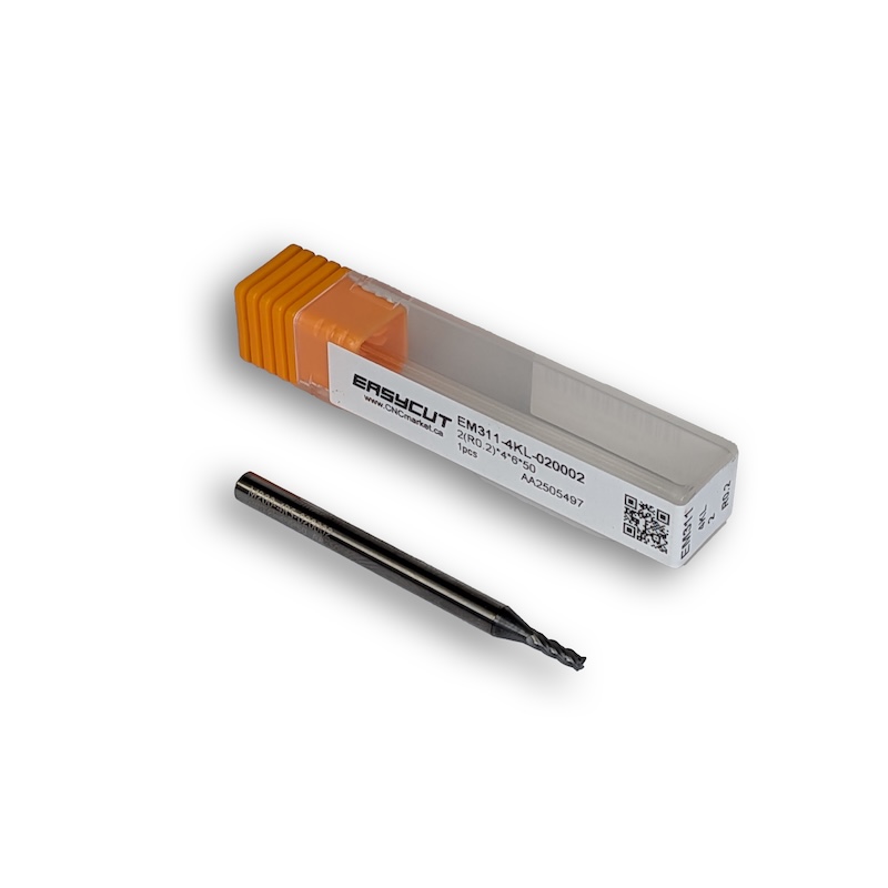 2mm Carbide End Mill, 4 Flutes, Bull Nose - R0.2mm, 6mm LOC, AlCrN Coated