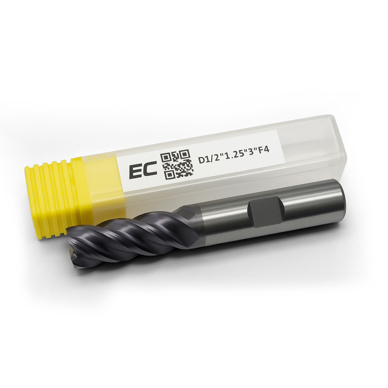 1/2 Carbide end mill, 4 flute, TiAlN, 0.5 shank x 1.25 LOC, helix angle 38, 0.02 chamfer