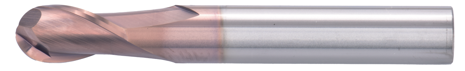 2 mm Carbide End Mill, 2 Flutes, Ball Nose, Standard length, For P, H materials, TiSiAlCrN coated, Helix angle 30 degree, LOC 4 mm